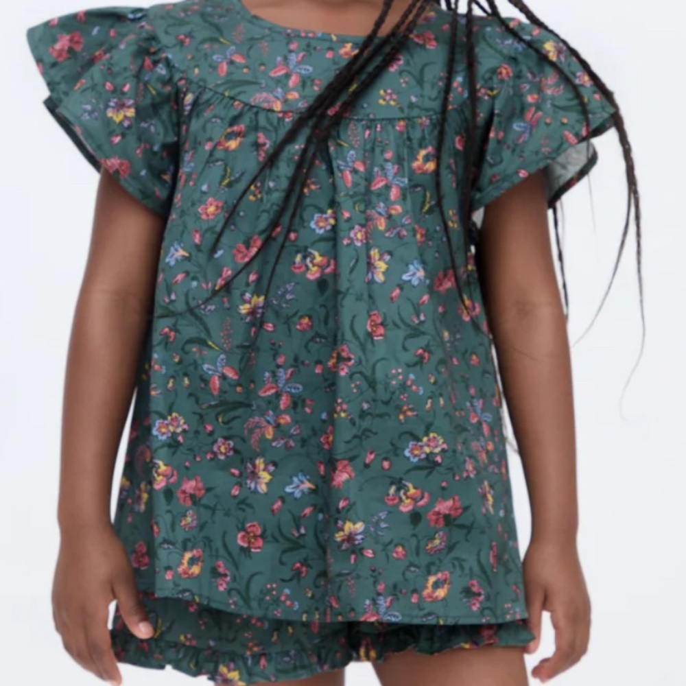 Hill House Kids Floral Top and short set with hair clip bow - Teal and Pink